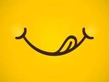 Yummy smile cartoon emoticon lick mouth lips with tongue. Vector delicious tasty eating emoji face yellow background