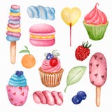 Yummy słodki karmowy bezszwowy wzór Akwarela ilustracyjni lizaki, babeczka, macaroon, jagoda, marshmallows, lody i pomarańcze, royalty ilustracja Yummy słodki karmowy bezszwowy wzór Akwarela ilustracyjni lizaki, babeczka, macaroon, jagoda, marshmallows, lody i pomarańcze, royalty ilustracja