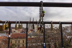Zagreb, Croatia-December 13th, 2020: Viewpoint over Zagreb city rooftops with famous gothic cathedral in the background and hanged