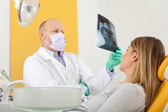 Zahnarzt und Patient, die zum zahnmedizinischen Röntgenstrahl schauen Stockfoto Zahnarzt und Patient, die zum zahnmedizinischen Röntgenstrahl schauen Stockfoto