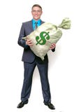 Zakenman met zakhoogtepunt van geld Gelukkige winnaar stock fotografie Zakenman met zakhoogtepunt van geld Gelukkige winnaar stock fotografie