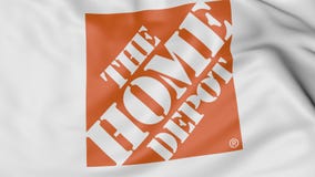 Zakończenie up falowanie flaga z Home Depot logem, 3D rendering Royalty Ilustracja Zakończenie up falowanie flaga z Home Depot logem, 3D rendering Royalty Ilustracja