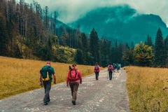 Zakopane/Polonia 9 de septiembre 2018: Caminantes que caminan en el rastro fotografía de archivo libre de regalías Zakopane/Polonia 9 de septiembre 2018: Caminantes que caminan en el rastro fotografía de archivo libre de regalías