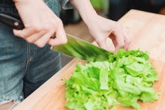 Zakończenie kobieta wręcza siekać zielonej rośliny w domu sałatkowa kulinarna sałatka od warzyw na drewnianej tnącej desce _ Zdjęcia Stock Zakończenie kobieta wręcza siekać zielonej rośliny w domu sałatkowa kulinarna sałatka od warzyw na drewnianej tnącej desce _ Zdjęcia Stock