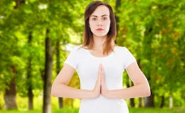 Zakończenie w górę kobiet ręk w namaste gescie na zamazanym parkowym tle obrazy stock Zakończenie w górę kobiet ręk w namaste gescie na zamazanym parkowym tle obrazy stock