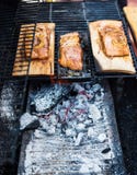 Zalm op een appel houten plank op de grill royalty-vrije stock foto's Zalm op een appel houten plank op de grill royalty-vrije stock foto's