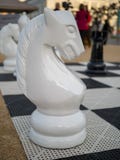 Zamyka up białej nocy szachowy kawałek w gigantycznym szachy secie zdjęcia royalty free Zamyka up białej nocy szachowy kawałek w gigantycznym szachy secie zdjęcia royalty free