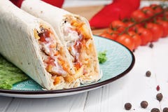 Zamyka w górę widoku na delecious cuted shaurma lub shawerma na błękita talerzu na białym tle zdjęcie stock Zamyka w górę widoku na delecious cuted shaurma lub shawerma na błękita talerzu na białym tle zdjęcie stock