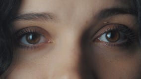 Zamyka w górę dużych kobiety ` s brązu oczu zbiory wideo Zamyka w górę dużych kobiety ` s brązu oczu zbiory wideo