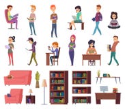 zarezerwuj student?w Ludzie w bibliotecznym czytaniu w bibliotheque szkoły wiedzy charakterów wektoru ilustracjach royalty ilustracja zarezerwuj student?w Ludzie w bibliotecznym czytaniu w bibliotheque szkoły wiedzy charakterów wektoru ilustracjach royalty ilustracja