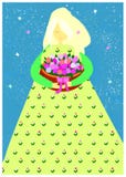 Zartes Mädchen, das einen Korb von Tulpen hält Vektorillustration der blonden Jungfrau in grüne sundress mit Blumenverzierung auf stock abbildung Zartes Mädchen, das einen Korb von Tulpen hält Vektorillustration der blonden Jungfrau in grüne sundress mit Blumenverzierung auf stock abbildung