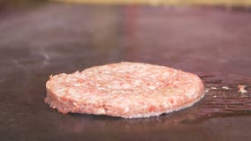 Zbliżenie Bocznego widoku ręki w Czerwonych rękawiczkach Stawiają Cutlet w Gorącym oleju zbiory wideo Zbliżenie Bocznego widoku ręki w Czerwonych rękawiczkach Stawiają Cutlet w Gorącym oleju zbiory wideo