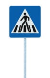 Zebra crossing, pedestrian cross warning street traffic sign in blue and pole post, isolated Stock Photo Zebra crossing, pedestrian cross warning street traffic sign in blue and pole post, isolated Stock Photo