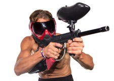 Zeer koele extreme geïsoleerde paintballsportman met verfkanon Stock Fotografie Zeer koele extreme geïsoleerde paintballsportman met verfkanon Stock Fotografie