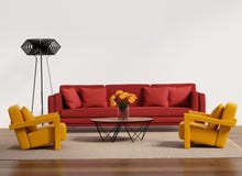 Zeitgenössisches Wohnzimmer mit rotem Sofa