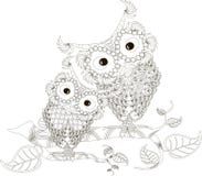 Zentangle estilizou as duas corujas preto e branco que sentam-se nos ramos de árvore, mão tirada, vetor ilustração do vetor Zentangle estilizou as duas corujas preto e branco que sentam-se nos ramos de árvore, mão tirada, vetor ilustração do vetor