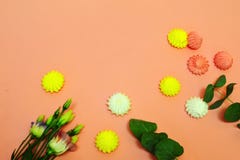 Zephyr and flowers on a pink background with copy space. stock photo Zephyr and flowers on a pink background with copy space. stock photo
