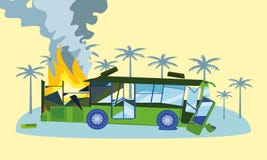 Zerstörter Bus in der Feuerkonzeptfahne, flache Art lizenzfreie abbildung Zerstörter Bus in der Feuerkonzeptfahne, flache Art lizenzfreie abbildung