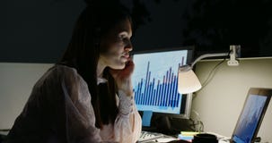 Zijaanzicht van het jonge Kaukasische vrouwelijke uitvoerende werken aan laptop bij bureau in modern bureau 4k stock footage Zijaanzicht van het jonge Kaukasische vrouwelijke uitvoerende werken aan laptop bij bureau in modern bureau 4k stock footage