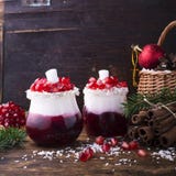 Zima Bożenarodzeniowy deser cranberry jogurt w porcyjnych szkło słojach z świeżym dojrzałym granatowem i dżem groszkuje obrazy royalty free Zima Bożenarodzeniowy deser cranberry jogurt w porcyjnych szkło słojach z świeżym dojrzałym granatowem i dżem groszkuje obrazy royalty free