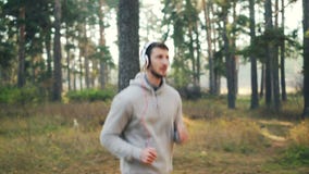 Zorra disparada do homem novo considerável que movimenta-se no parque e que escuta a música através dos fones de ouvido que aprec vídeos de arquivo Zorra disparada do homem novo considerável que movimenta-se no parque e que escuta a música através dos fones de ouvido que aprec vídeos de arquivo