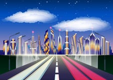 Zukünftiges Stadtbild Landstraße, die zu die Stadt führt Wolkenkratzer gegen Wolken und sternenklaren Himmel vektor abbildung Zukünftiges Stadtbild Landstraße, die zu die Stadt führt Wolkenkratzer gegen Wolken und sternenklaren Himmel vektor abbildung