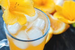 Zumo de naranja frío con el hielo, adornado con un primer amarillo de la flor del lirio fotos de archivo libres de regalías Zumo de naranja frío con el hielo, adornado con un primer amarillo de la flor del lirio fotos de archivo libres de regalías