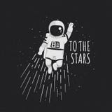 Zur Sternvektorillustration Plakat, T-Shirt Entwurf Einfarbiges Karikaturastronautenfliegen mit der angehobenen Faust mit Sternen vektor abbildung Zur Sternvektorillustration Plakat, T-Shirt Entwurf Einfarbiges Karikaturastronautenfliegen mit der angehobenen Faust mit Sternen vektor abbildung