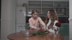 Zusters die plantaardige salade koken bij de lijst in de keuken De jongere zuster brengt tomaten aan de oudere zuster stock videobeelden Zusters die plantaardige salade koken bij de lijst in de keuken De jongere zuster brengt tomaten aan de oudere zuster stock videobeelden