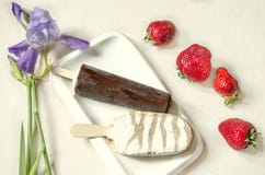 Zwei Arten Eiscreme auf einem Stock mit Schokolade liegen auf einer weißen Platte, nahe einer Niederlassung mit purpurroter Iris Lizenzfreie Stockfotos Zwei Arten Eiscreme auf einem Stock mit Schokolade liegen auf einer weißen Platte, nahe einer Niederlassung mit purpurroter Iris Lizenzfreie Stockfotos