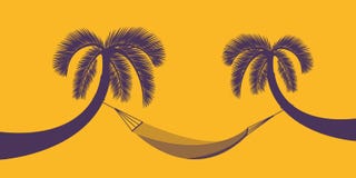 Zwei Palmen mit Hängematte auf orange Hintergrund für Sommerferienentwurf vektor abbildung Zwei Palmen mit Hängematte auf orange Hintergrund für Sommerferienentwurf vektor abbildung
