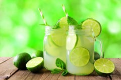 Zwei Weckgläser limeade gegen einen des Grüns Hintergrund draußen Stockbild Zwei Weckgläser limeade gegen einen des Grüns Hintergrund draußen Stockbild