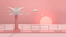 Árvore de coco abstrata cor-de-rosa 3d do por do sol do estilo dos desenhos animados da praia do mar para render ilustração stock Árvore de coco abstrata cor-de-rosa 3d do por do sol do estilo dos desenhos animados da praia do mar para render ilustração stock