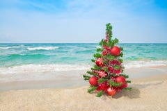 Árvore de Natal na praia do mar Conceito das férias do Natal fotografia de stock Árvore de Natal na praia do mar Conceito das férias do Natal fotografia de stock