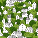Árvores e do verão sem emenda do teste padrão das casas cores verdes ilustração do vetor Árvores e do verão sem emenda do teste padrão das casas cores verdes ilustração do vetor