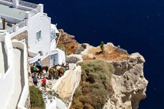 Åsnor som stiger ned trappa i Oia Santorini Grekland arkivbilder Åsnor som stiger ned trappa i Oia Santorini Grekland arkivbilder