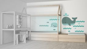 Ébauche non finie de projet de chambre à coucher en bois et de turquoise d'enfants avec le lit simple et le bureau, intérieur min illustration libre de droits Ébauche non finie de projet de chambre à coucher en bois et de turquoise d'enfants avec le lit simple et le bureau, intérieur min illustration libre de droits