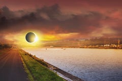 Éclipse solaire de l'espace Système solaire, éruption chromosphérique, éclipse totale photos stock Éclipse solaire de l'espace Système solaire, éruption chromosphérique, éclipse totale photos stock