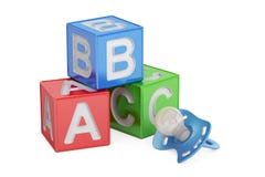 Éducation pour le concept de bébé, cubes en ABC avec la tétine renderin 3D illustration libre de droits Éducation pour le concept de bébé, cubes en ABC avec la tétine renderin 3D illustration libre de droits