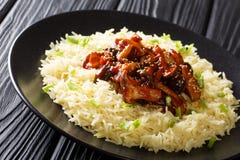 Épicé a fait frire les champignons de shiitaké frais avec les graines de sésame a servi avec le plan rapproché de riz d'un plat h photographie stock Épicé a fait frire les champignons de shiitaké frais avec les graines de sésame a servi avec le plan rapproché de riz d'un plat h photographie stock