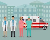 Équipe médicale Groupe de médecins et d'infirmières se tenant ensemble sur un fond de voiture et de clinique d'ambulance illustration de vecteur Équipe médicale Groupe de médecins et d'infirmières se tenant ensemble sur un fond de voiture et de clinique d'ambulance illustration de vecteur