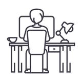 Équipez le travail sur l'ordinateur sur la table, reposant la ligne arrière icône de vecteur, le signe, illustration sur le fond, illustration de vecteur Équipez le travail sur l'ordinateur sur la table, reposant la ligne arrière icône de vecteur, le signe, illustration sur le fond, illustration de vecteur