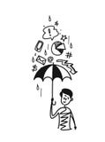 Équipez tenir le parapluie sous la baisse de pluie avec le griffonnage Photos libres de droits Équipez tenir le parapluie sous la baisse de pluie avec le griffonnage Photos libres de droits