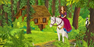 Équitation de fille de bande dessinée sur un cheval blanc - princesse ou reine illustration stock Équitation de fille de bande dessinée sur un cheval blanc - princesse ou reine illustration stock
