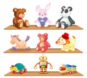 Étagères en bois avec différents jouets illustration stock Étagères en bois avec différents jouets illustration stock