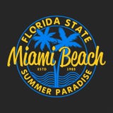 État de Miami Beach, la Floride - la typographie pour la conception vêtx, des T-shirts avec des palmiers et des vagues Graphiques illustration stock État de Miami Beach, la Floride - la typographie pour la conception vêtx, des T-shirts avec des palmiers et des vagues Graphiques illustration stock