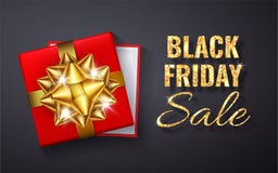Étincelle d'or de scintillement de vente de Black Friday Boîte-cadeau rouge ouvert avec l'arc d'or et la vue supérieure de ruban illustration stock Étincelle d'or de scintillement de vente de Black Friday Boîte-cadeau rouge ouvert avec l'arc d'or et la vue supérieure de ruban illustration stock