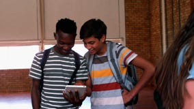 Étudiants heureux à l'aide du téléphone portable et du comprimé numérique dans le campus banque de vidéos Étudiants heureux à l'aide du téléphone portable et du comprimé numérique dans le campus banque de vidéos