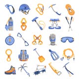 Ícones ajustados, estilo do equipamento do alpinismo dos desenhos animados ilustração royalty free Ícones ajustados, estilo do equipamento do alpinismo dos desenhos animados ilustração royalty free