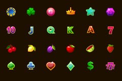 Ícones ajustados grandes do jogo para slots machines ou casino em cores diferentes Casino do jogo, entalhe, UI Ícones do vetor em ilustração do vetor Ícones ajustados grandes do jogo para slots machines ou casino em cores diferentes Casino do jogo, entalhe, UI Ícones do vetor em ilustração do vetor